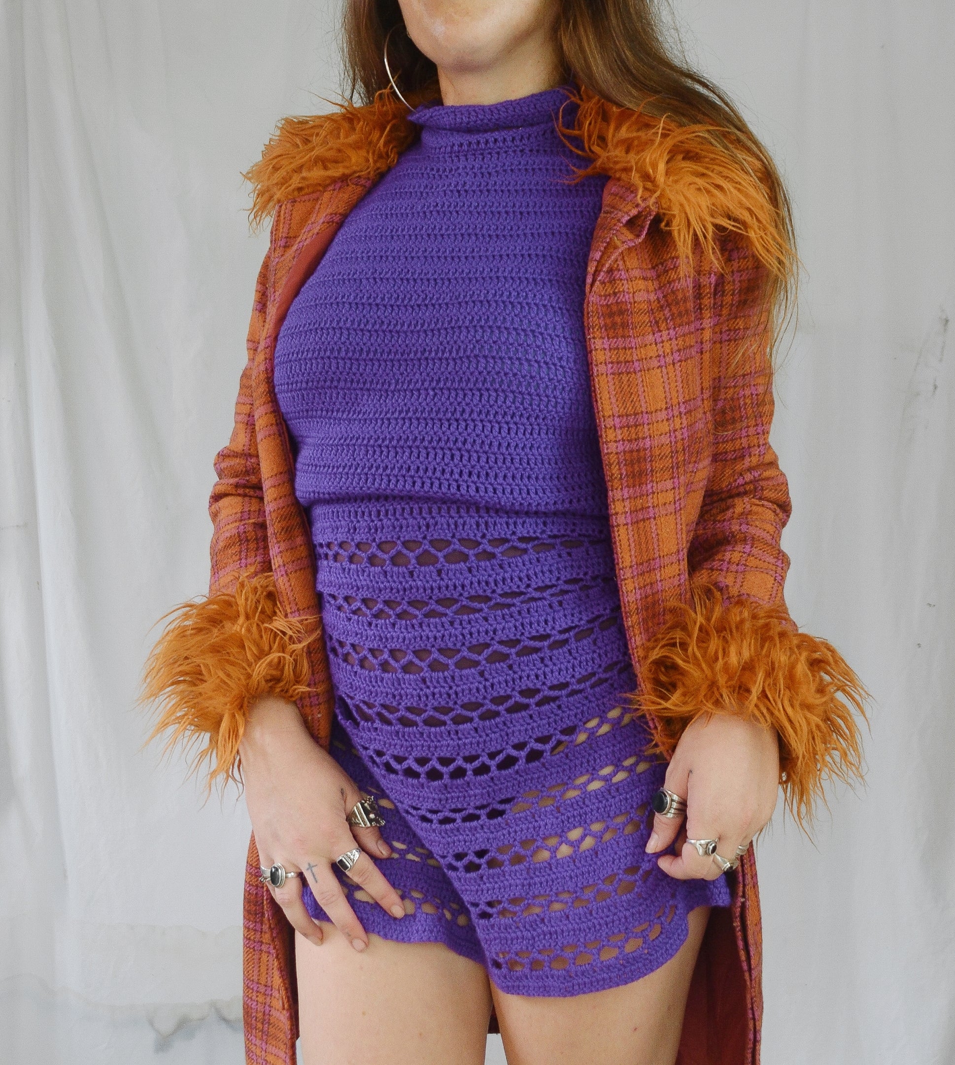 Vintage 1990s/00s Plaid Wool &  Faux Fur Coat