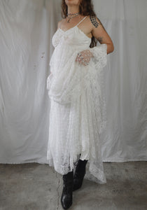 Vintage 1970s Lace Handkerchief Maxi Wedding Dress