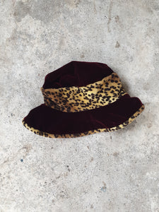 Vintage Burgundy & Leopard Print Velvet Bucket Hat