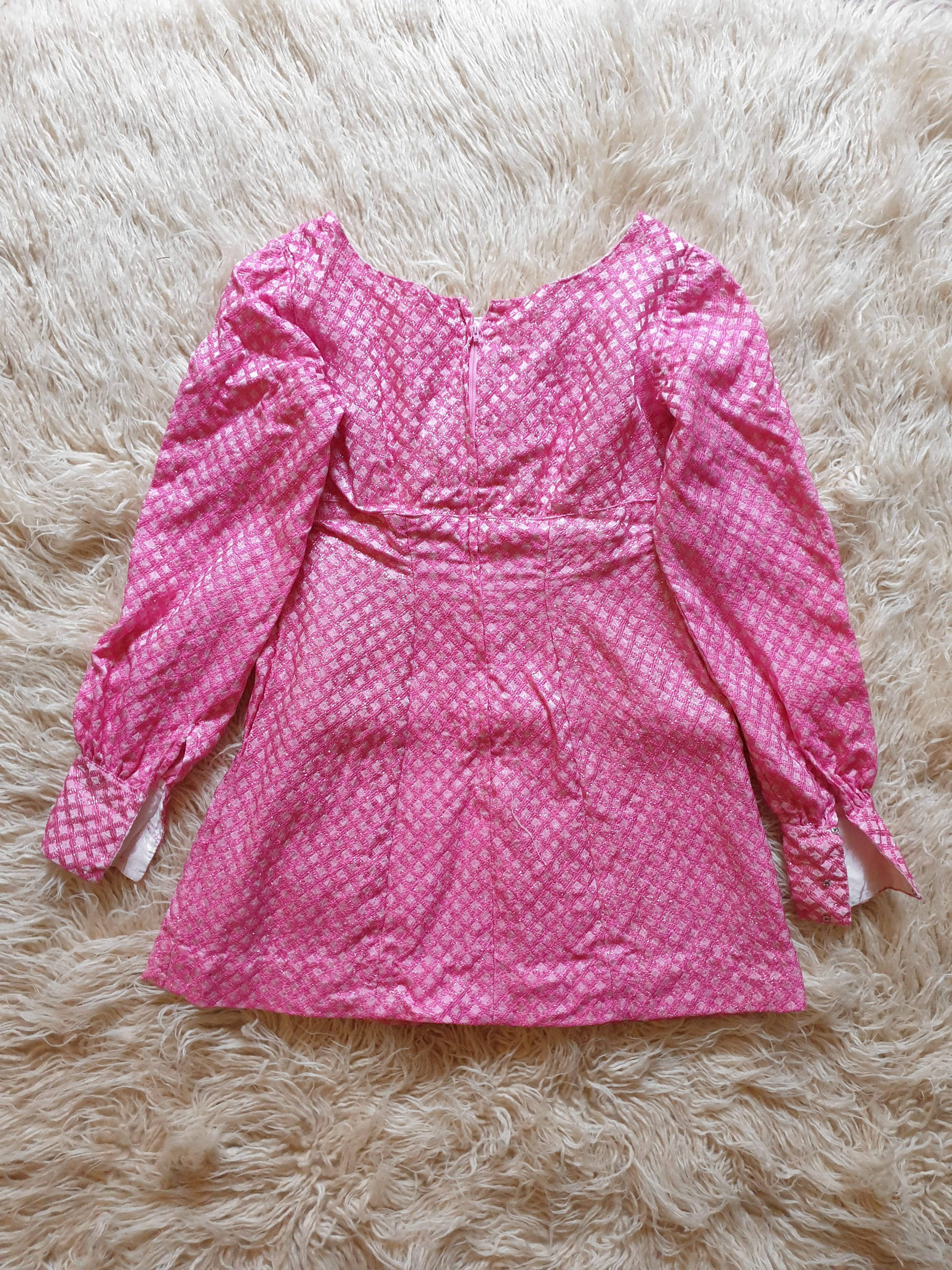 Vintage 1970s Empire Waist Pink & Silver Diamond Mini Dress