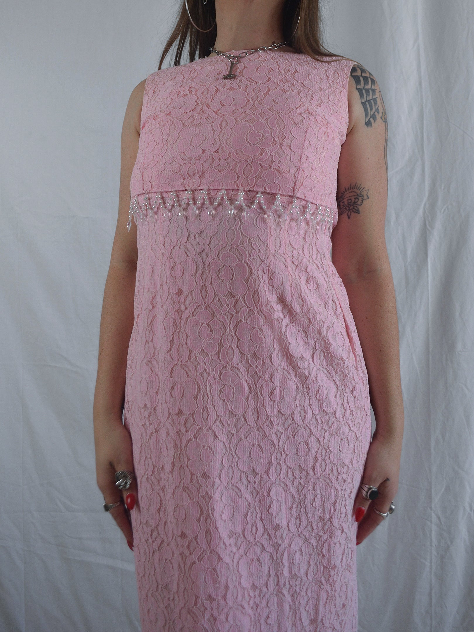 Vintage 1960s/70s Pink Lace Beaded Maxi Dress