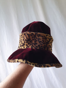 Vintage Burgundy & Leopard Print Velvet Bucket Hat