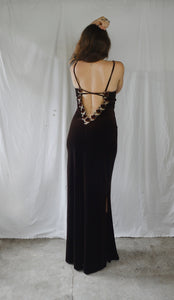 Vintage 1990s Brown Velvet 'Gerry Shaw' Rose Maxi Dress