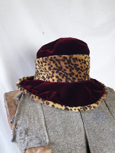 Vintage Burgundy & Leopard Print Velvet Bucket Hat