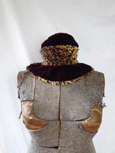 Vintage Burgundy & Leopard Print Velvet Bucket Hat