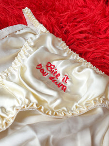 Off White 100% silk hand embroidered 'Bite it you scum' knickers