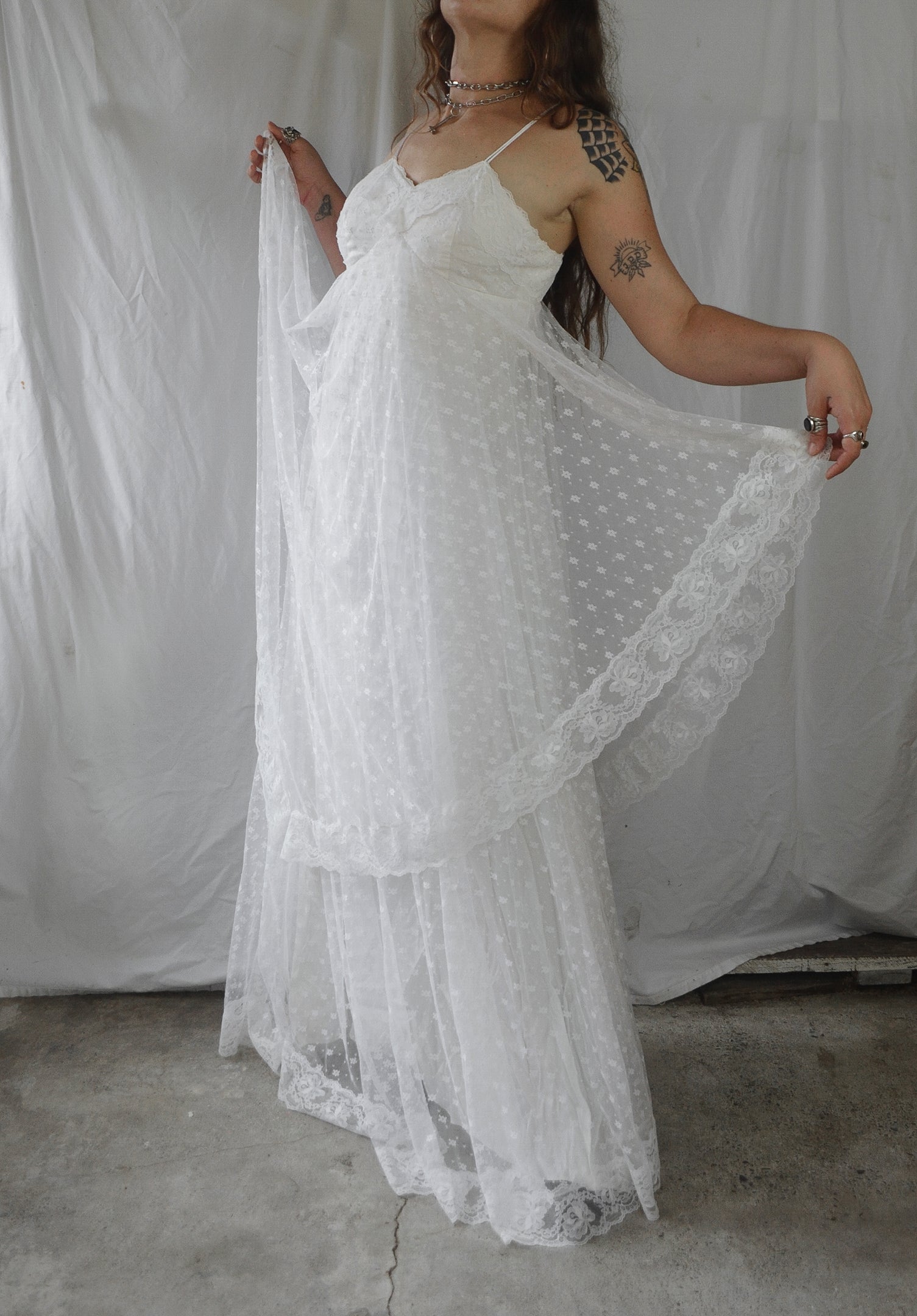 Vintage 1970s Lace Handkerchief Maxi Wedding Dress