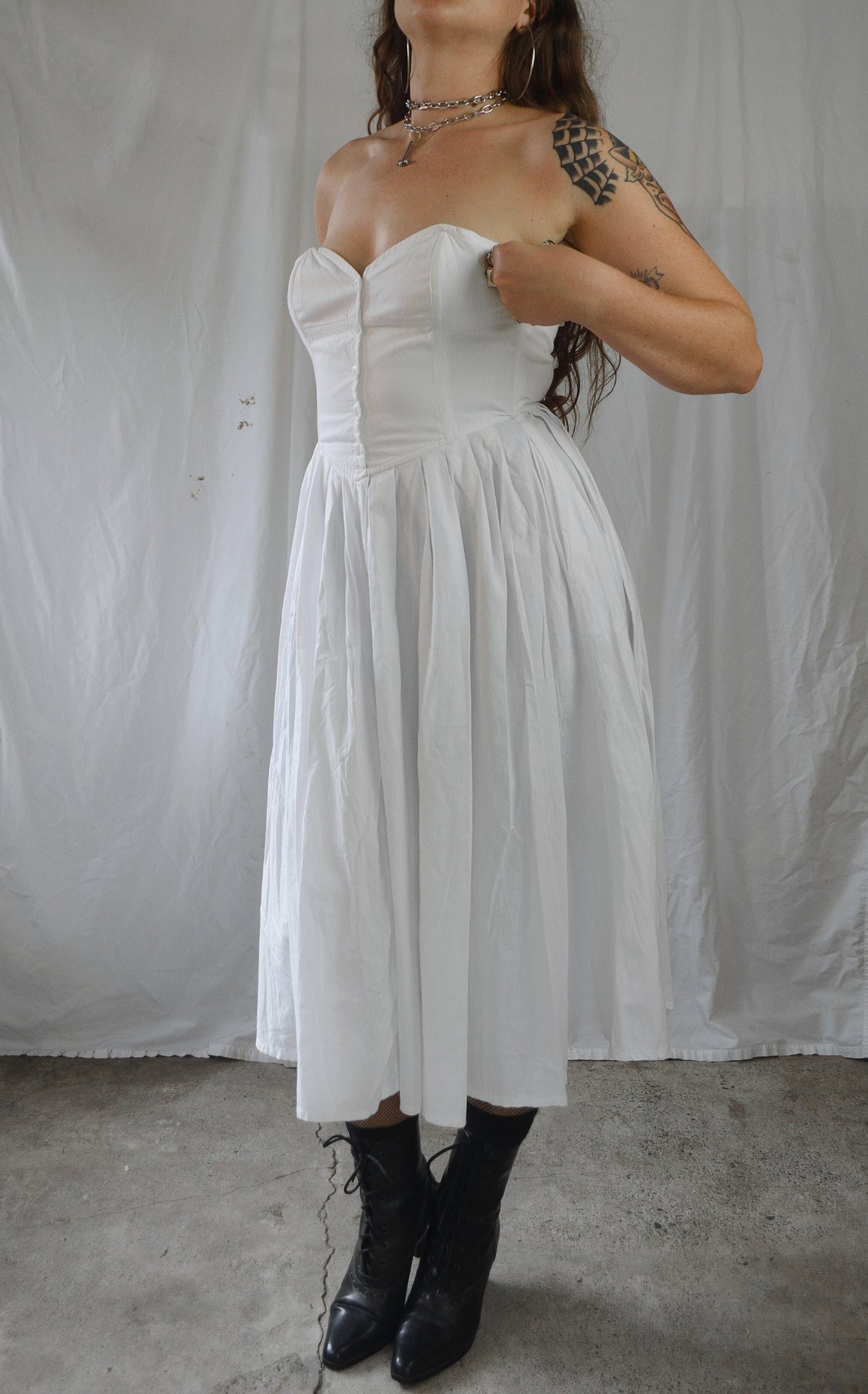 Vintage 1980s Strapless White Midi Dress