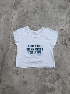 Handprinted 'I only get on my knees for Jesus/LEMMY' White Cropped Raglan Tee