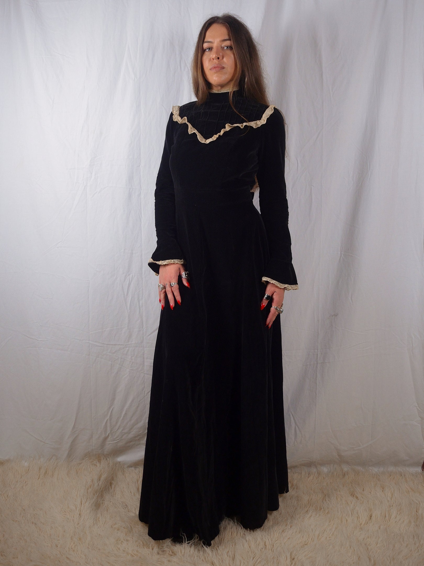 Vintage 1970s Black Cotton Velvet Edwardian Revival Maxi Prairie Dress