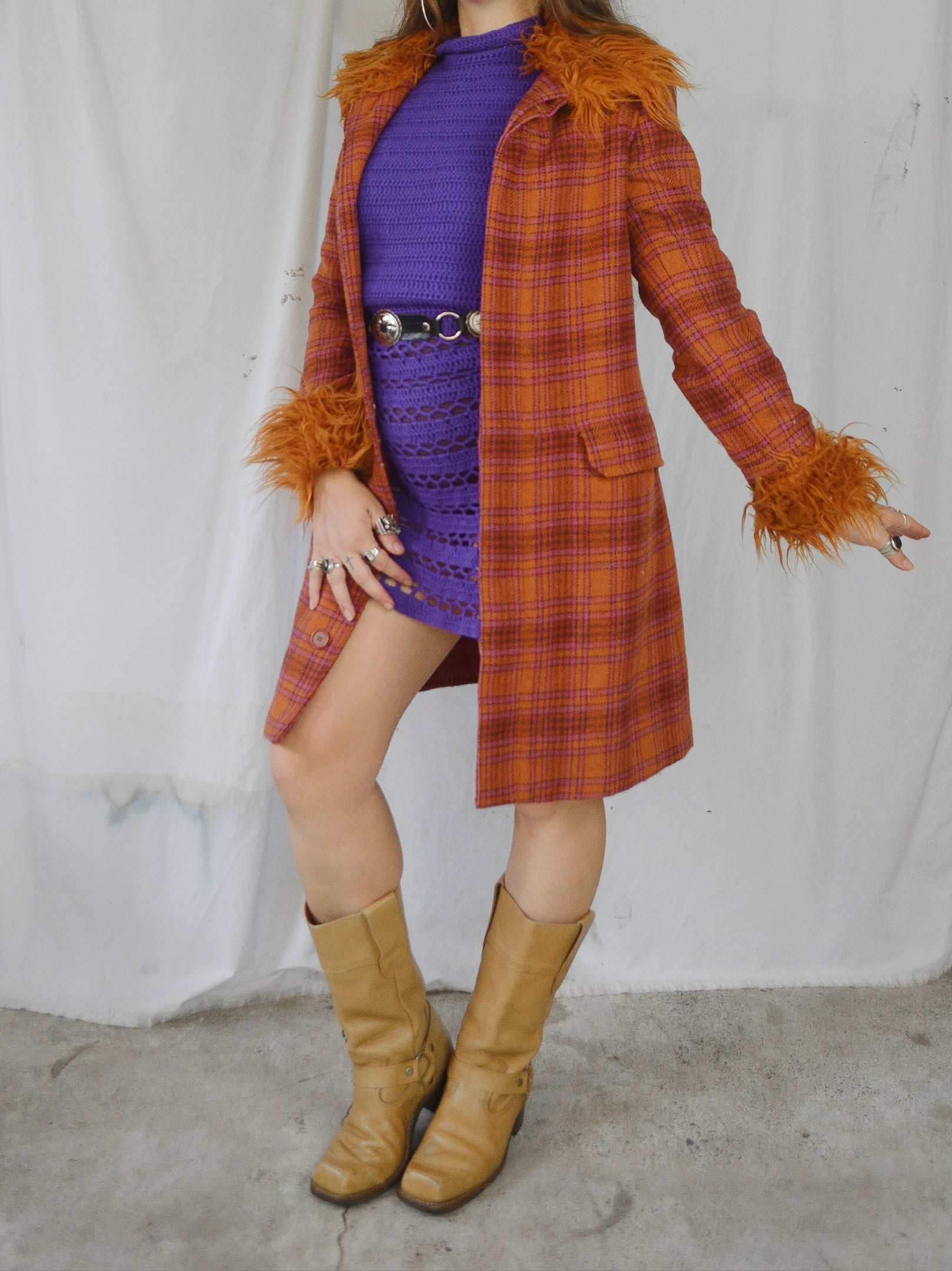 Vintage 1990s/00s Plaid Wool &  Faux Fur Coat