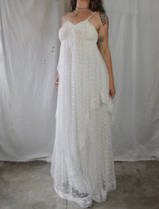 Vintage 1970s Lace Handkerchief Maxi Wedding Dress