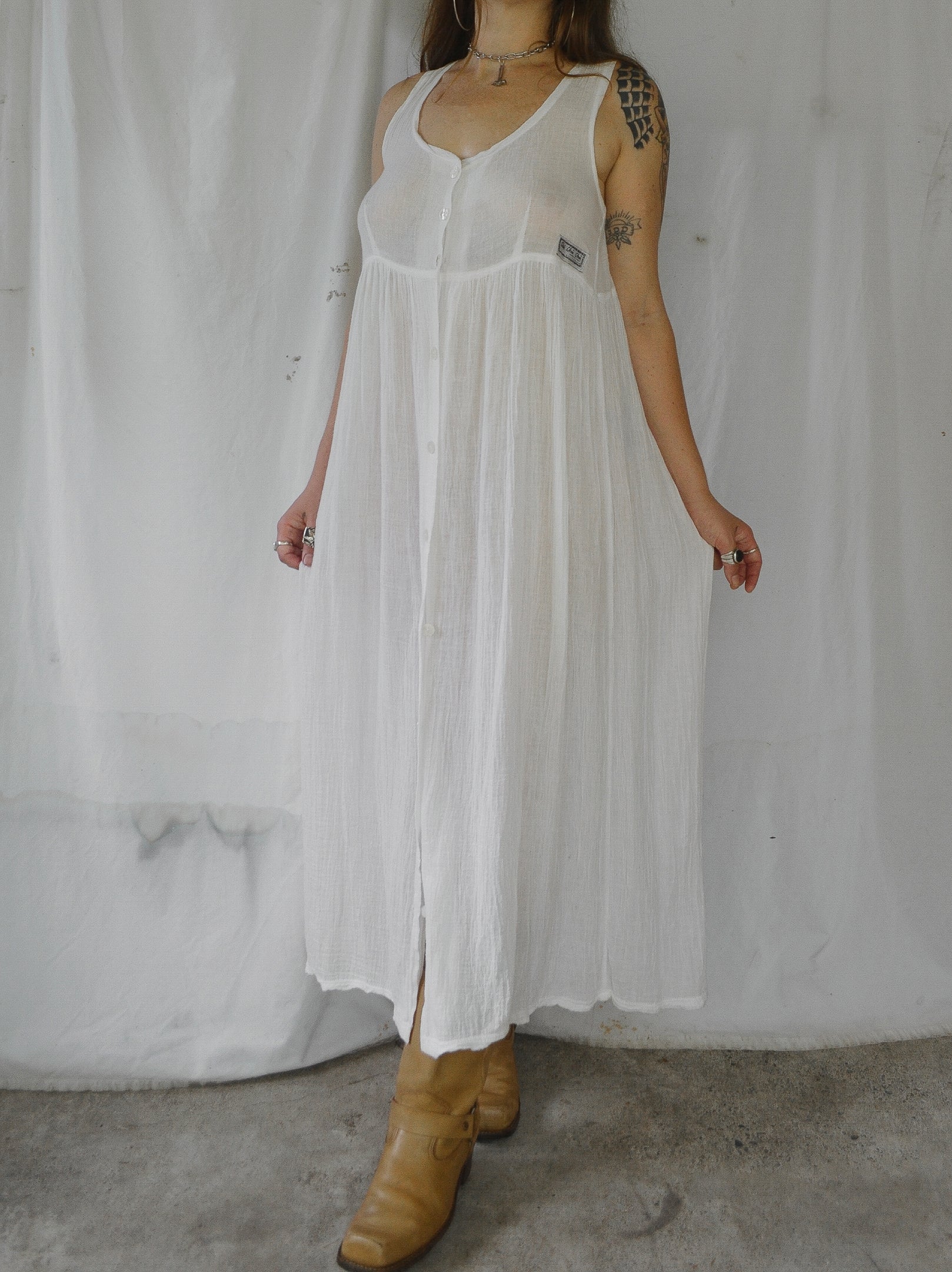 Vintage 1990s White Cotton Gauze Maxi Dress