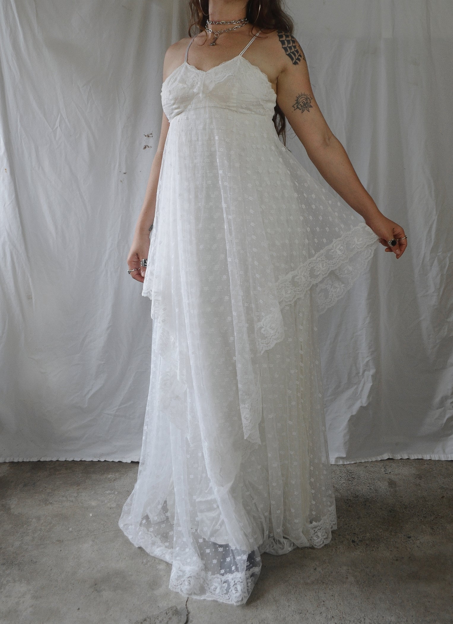 Vintage 1970s Lace Handkerchief Maxi Wedding Dress