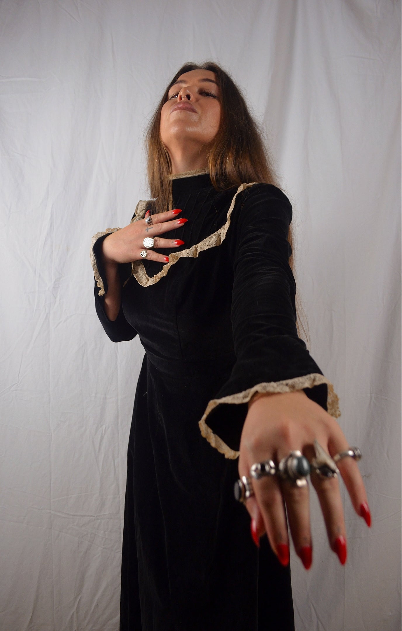 Vintage 1970s Black Cotton Velvet Edwardian Revival Maxi Prairie Dress