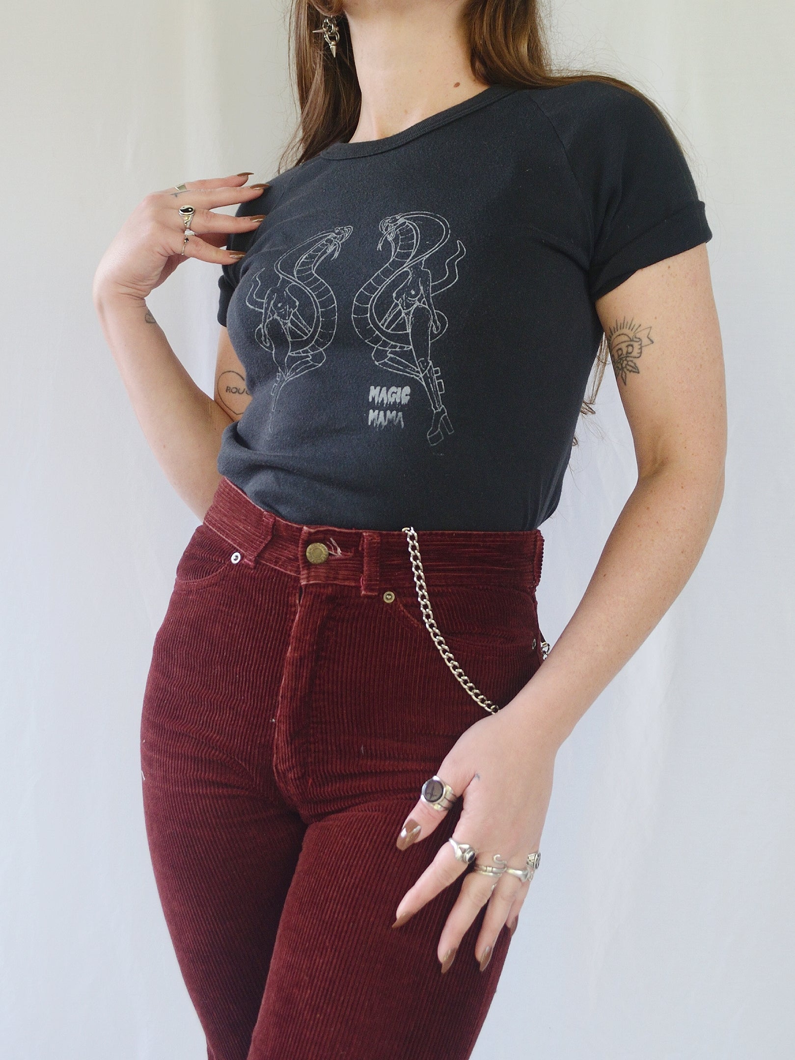 Vintage Magic Mama Handprinted 'Cobras' Black Ringer Tee