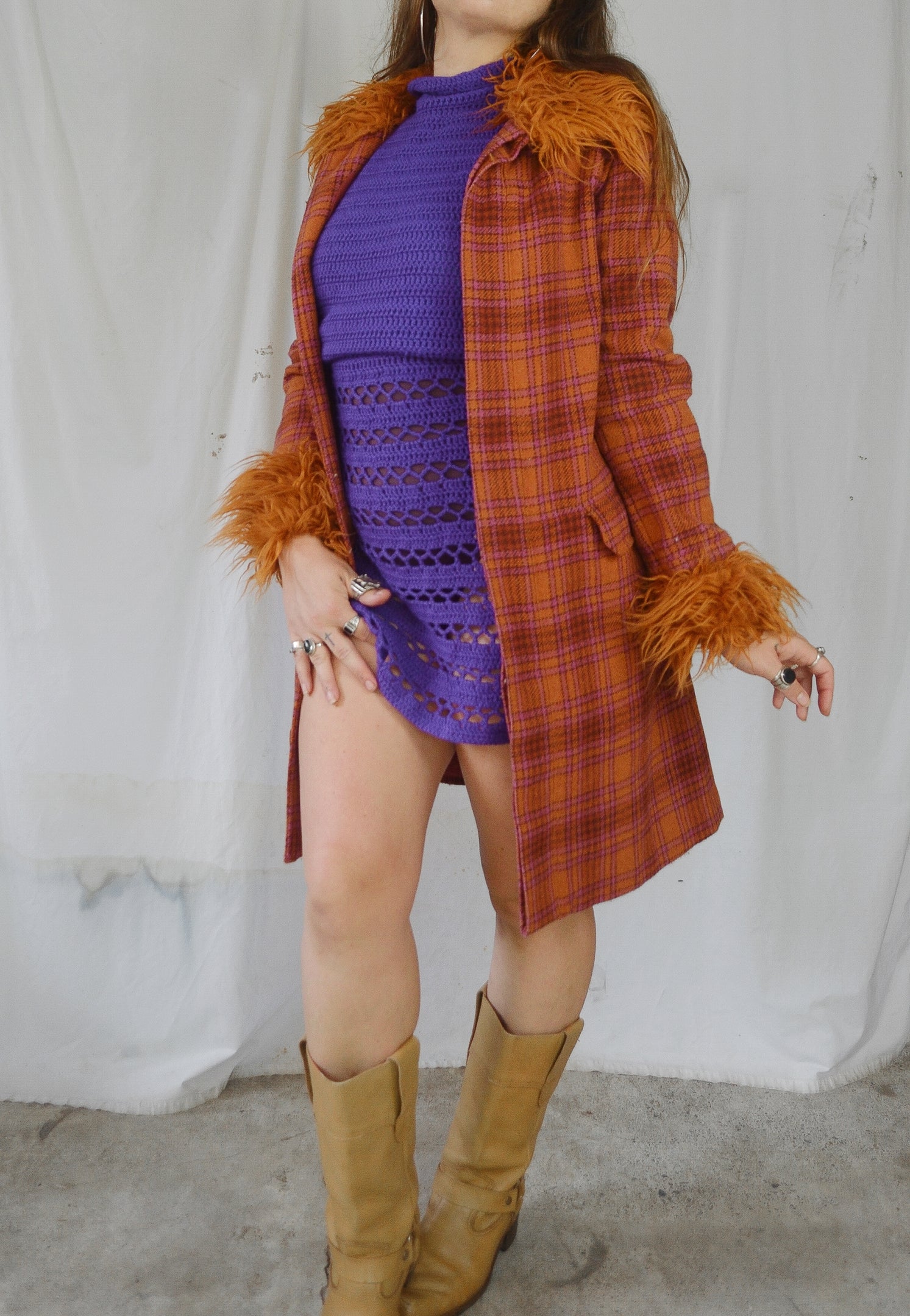 Vintage 1990s/00s Plaid Wool &  Faux Fur Coat