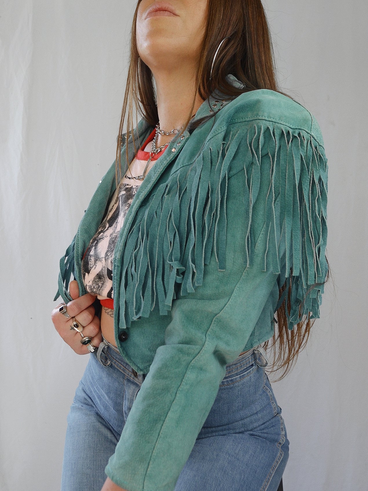 Studded Turquoise Suede Fringe Jacket