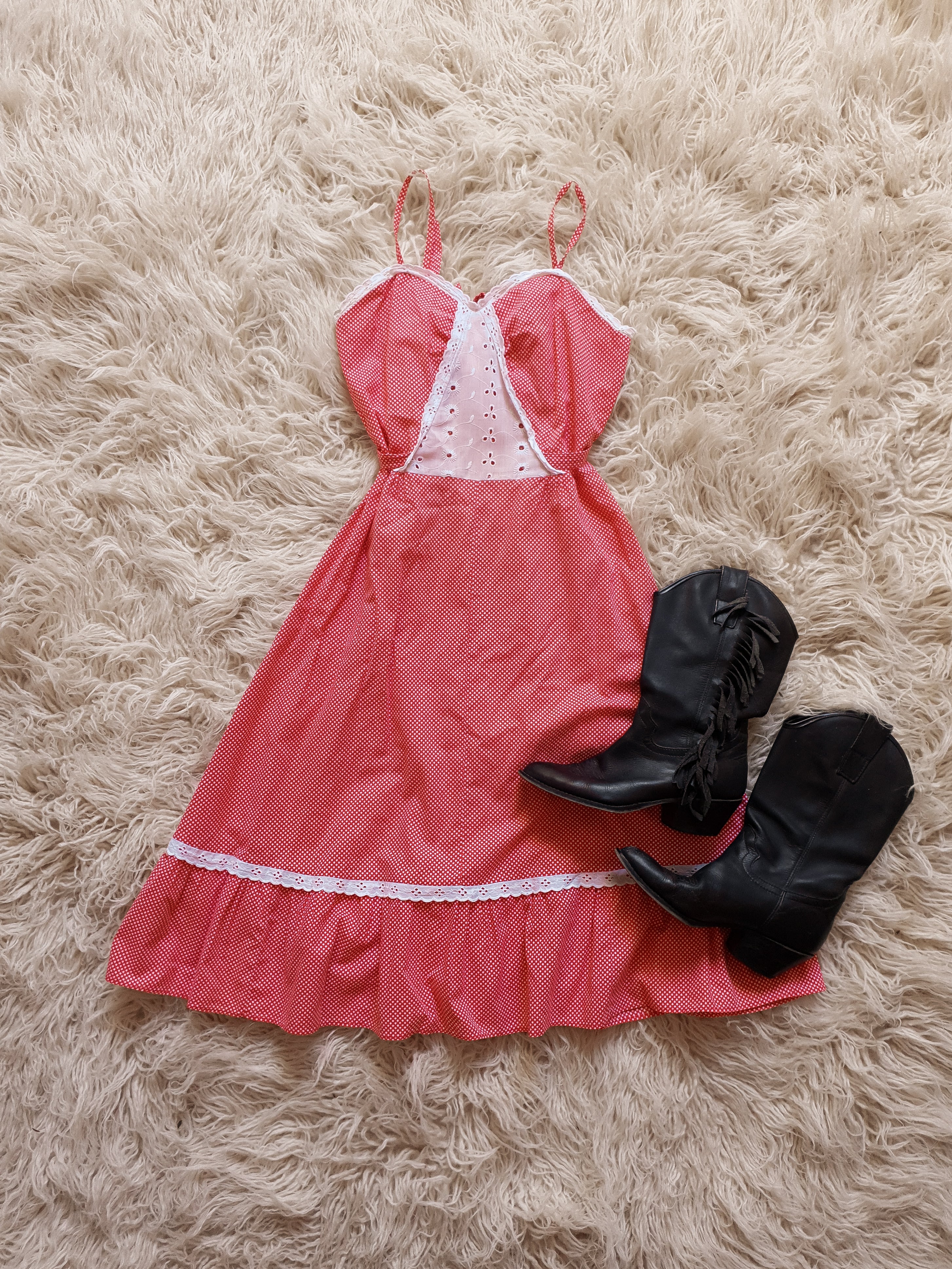 Vintage 1970s Red & White Spotty Midi Dress