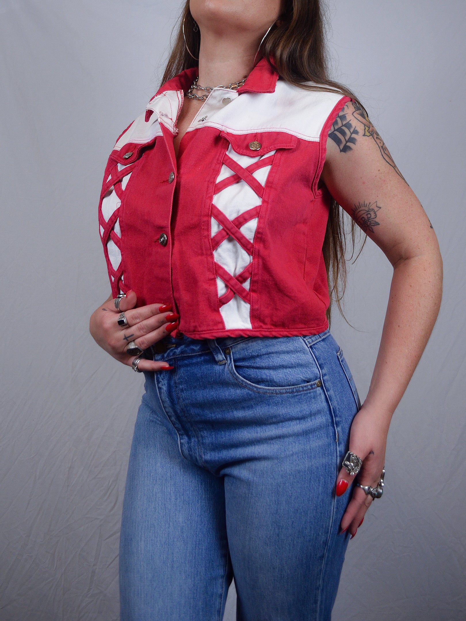 Vintage 1980s Red & White Western Denim Vest