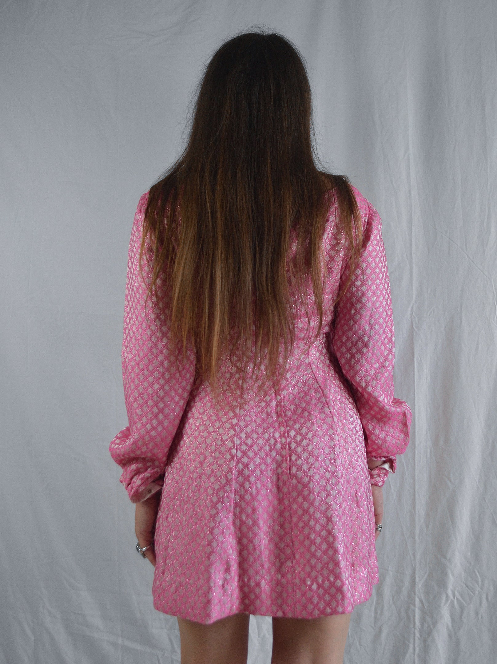Vintage 1970s Empire Waist Pink & Silver Diamond Mini Dress