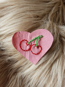 Hand embroidered cherry heart patch