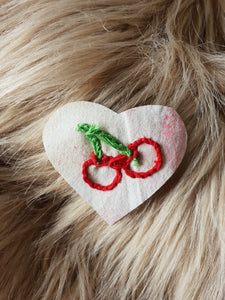 Hand embroidered cherry heart patch