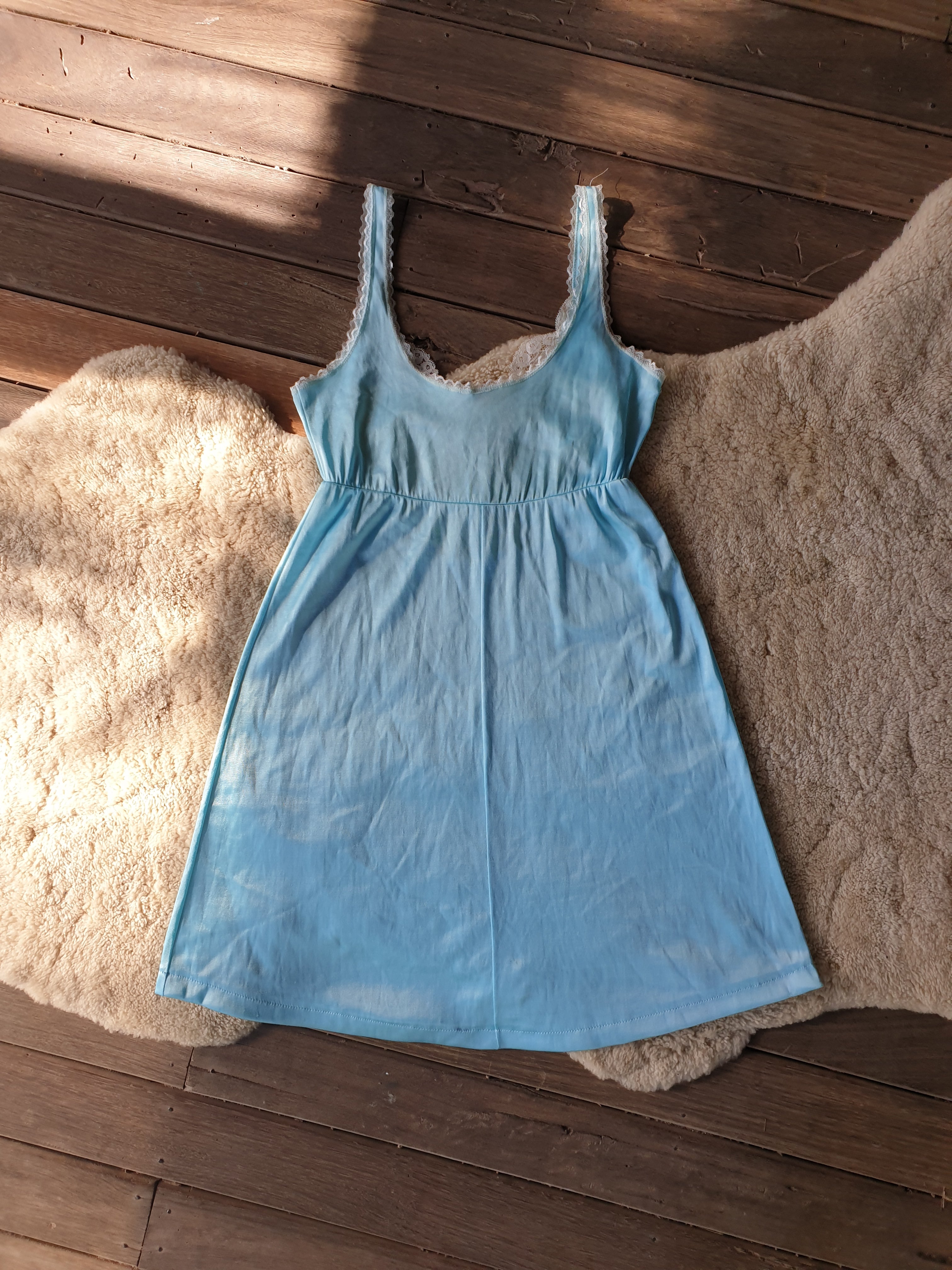 Vintage 70s Baby Blue Mini Slip Dress