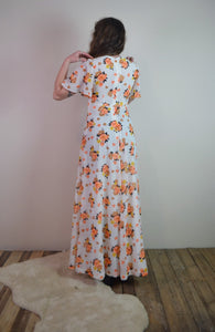 Vintage 70s Floral Butterfly Sleeve Maxi Dress