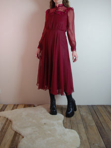 Vintage 70s Burgundy Lace Prairie Dress