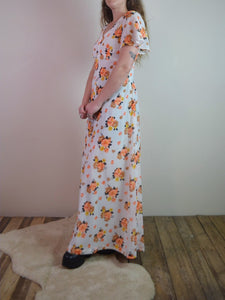 Vintage 70s Floral Butterfly Sleeve Maxi Dress