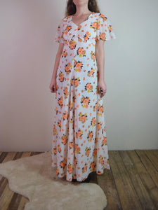 Vintage 70s Floral Butterfly Sleeve Maxi Dress