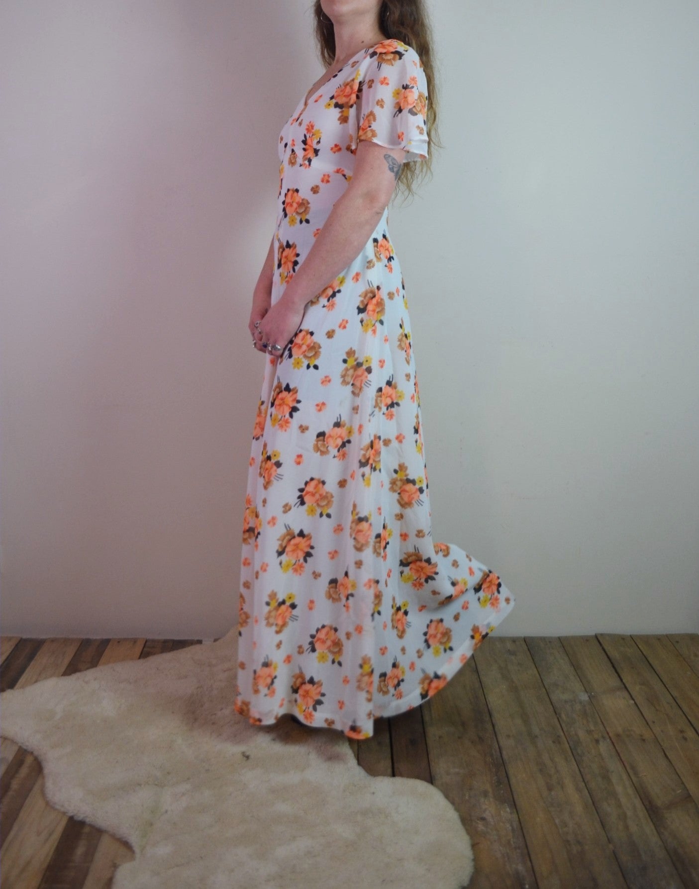 Vintage 70s Floral Butterfly Sleeve Maxi Dress