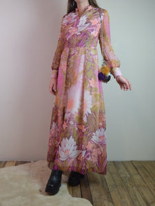 Vintage 70s Floral Chiffon Maxi Dress