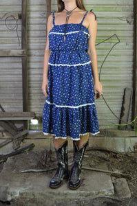 Vintage 70s/80s Navy Floral Western Prairie Midi Dress