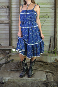 Vintage 70s/80s Navy Floral Western Prairie Midi Dress