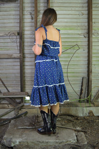 Vintage 70s/80s Navy Floral Western Prairie Midi Dress