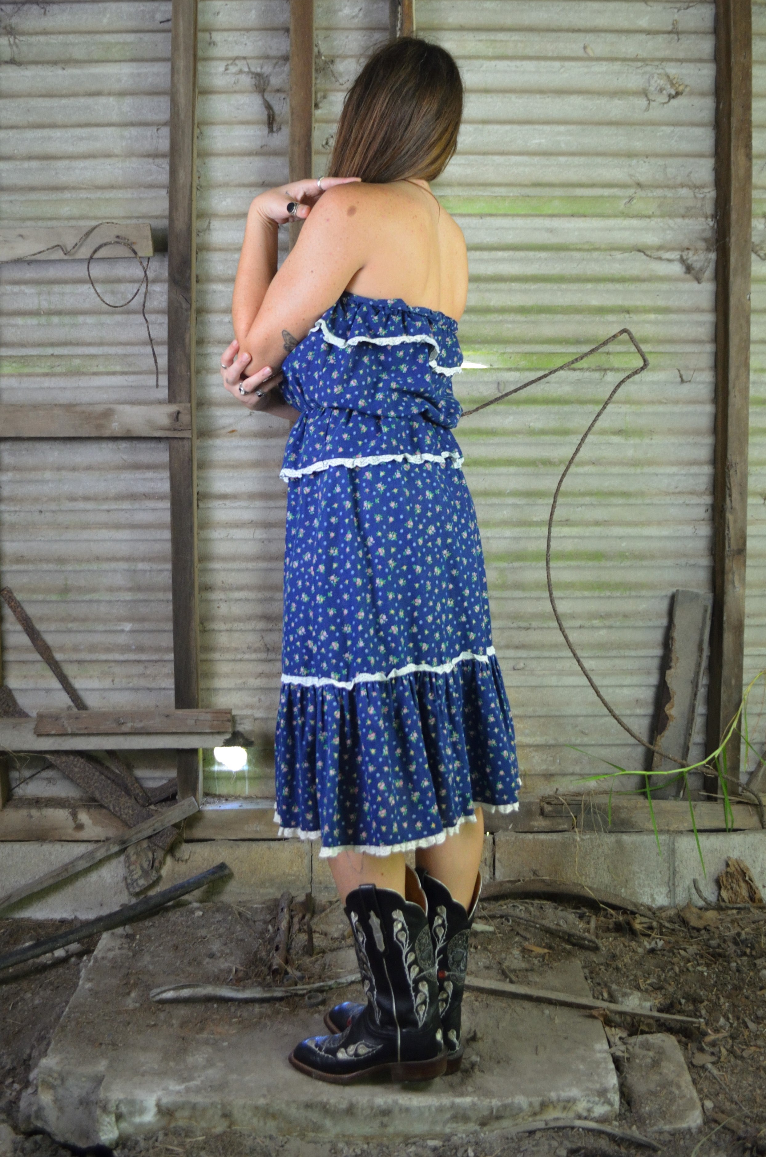 Vintage 70s/80s Navy Floral Western Prairie Midi Dress