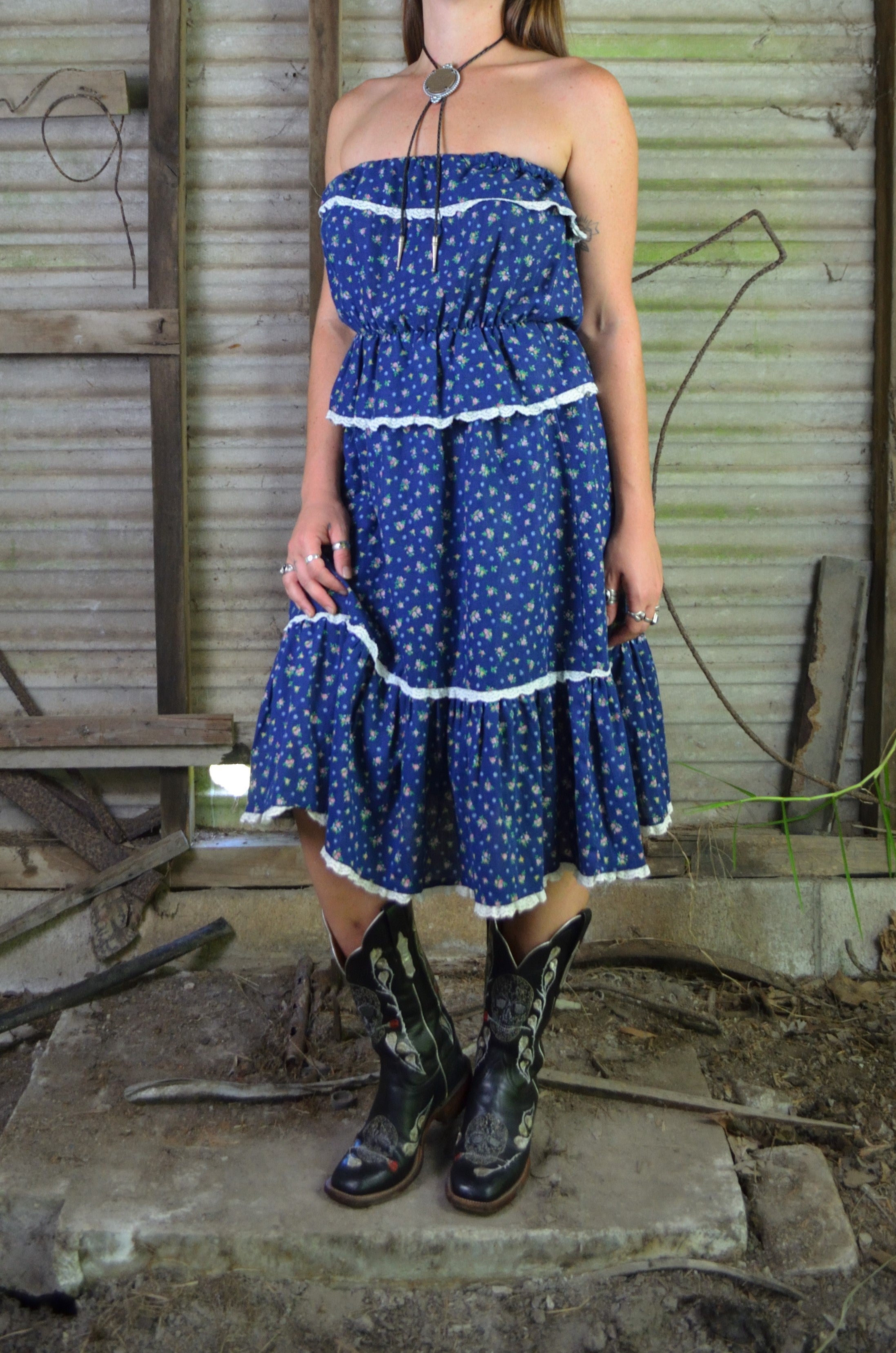 Vintage 70s/80s Navy Floral Western Prairie Midi Dress