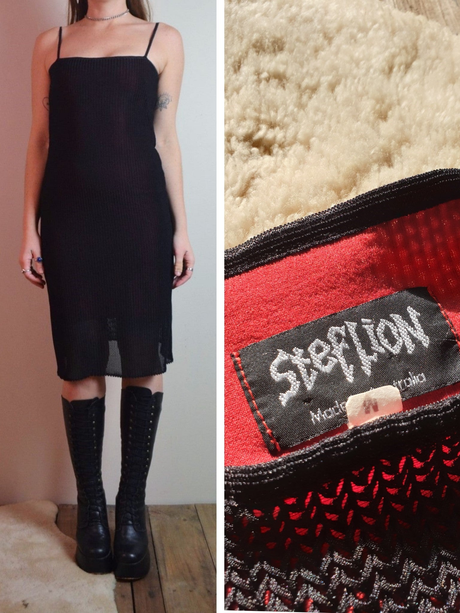 Vintage 90s Fitted Black & Red Knit Midi Dress