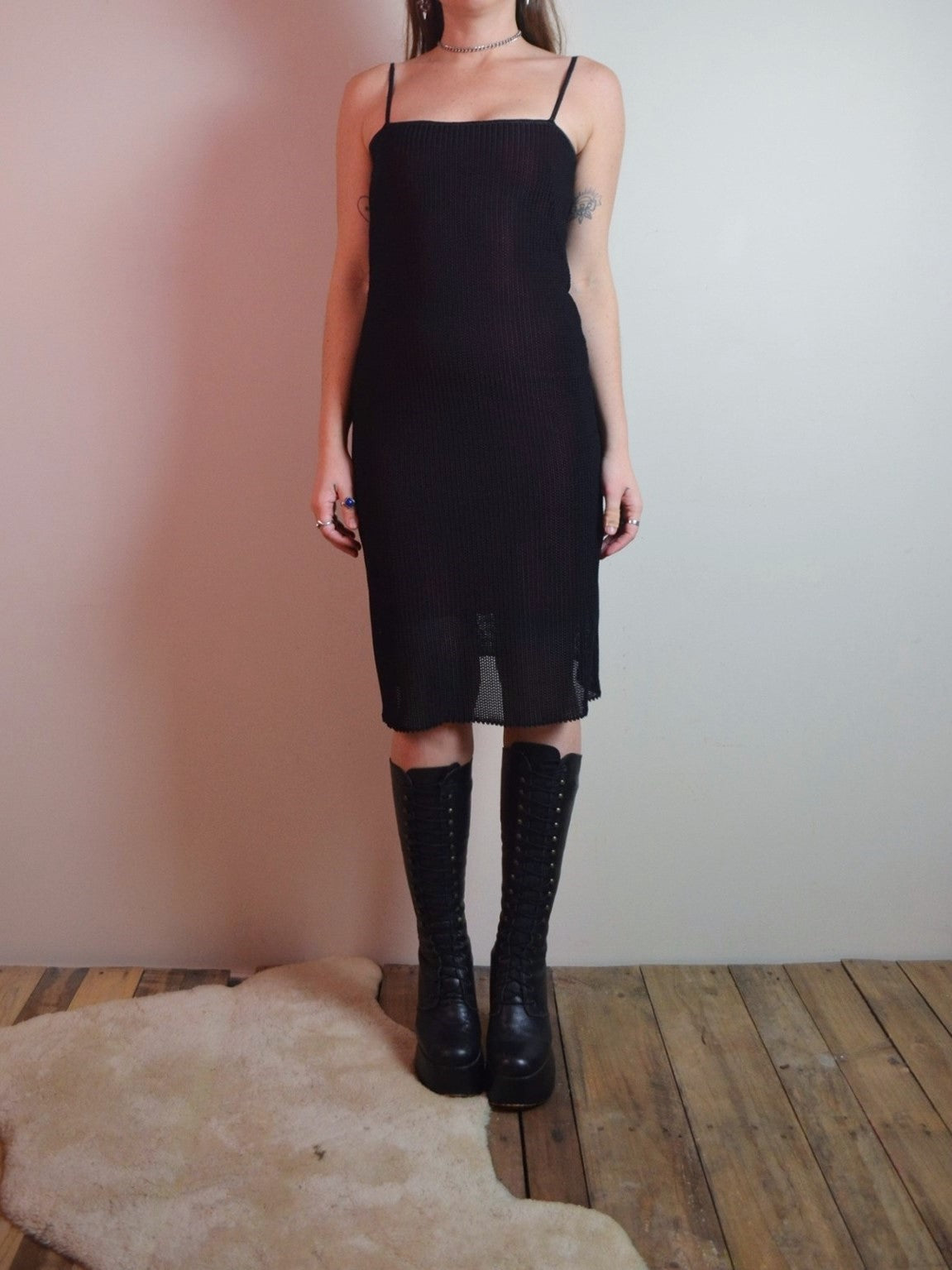 Vintage 90s Fitted Black & Red Knit Midi Dress