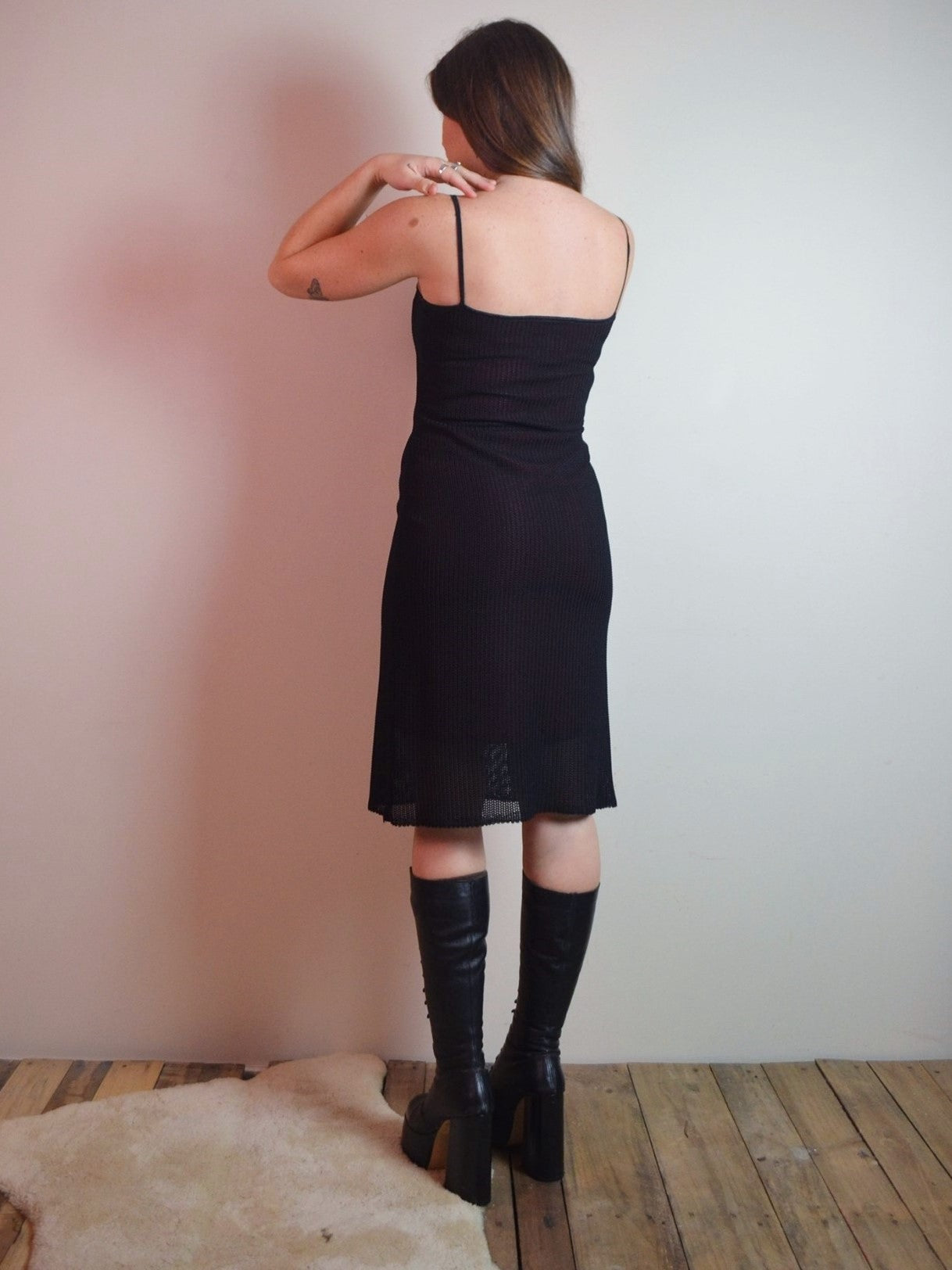 Vintage 90s Fitted Black & Red Knit Midi Dress