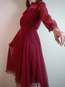 Vintage 70s Burgundy Lace Prairie Dress