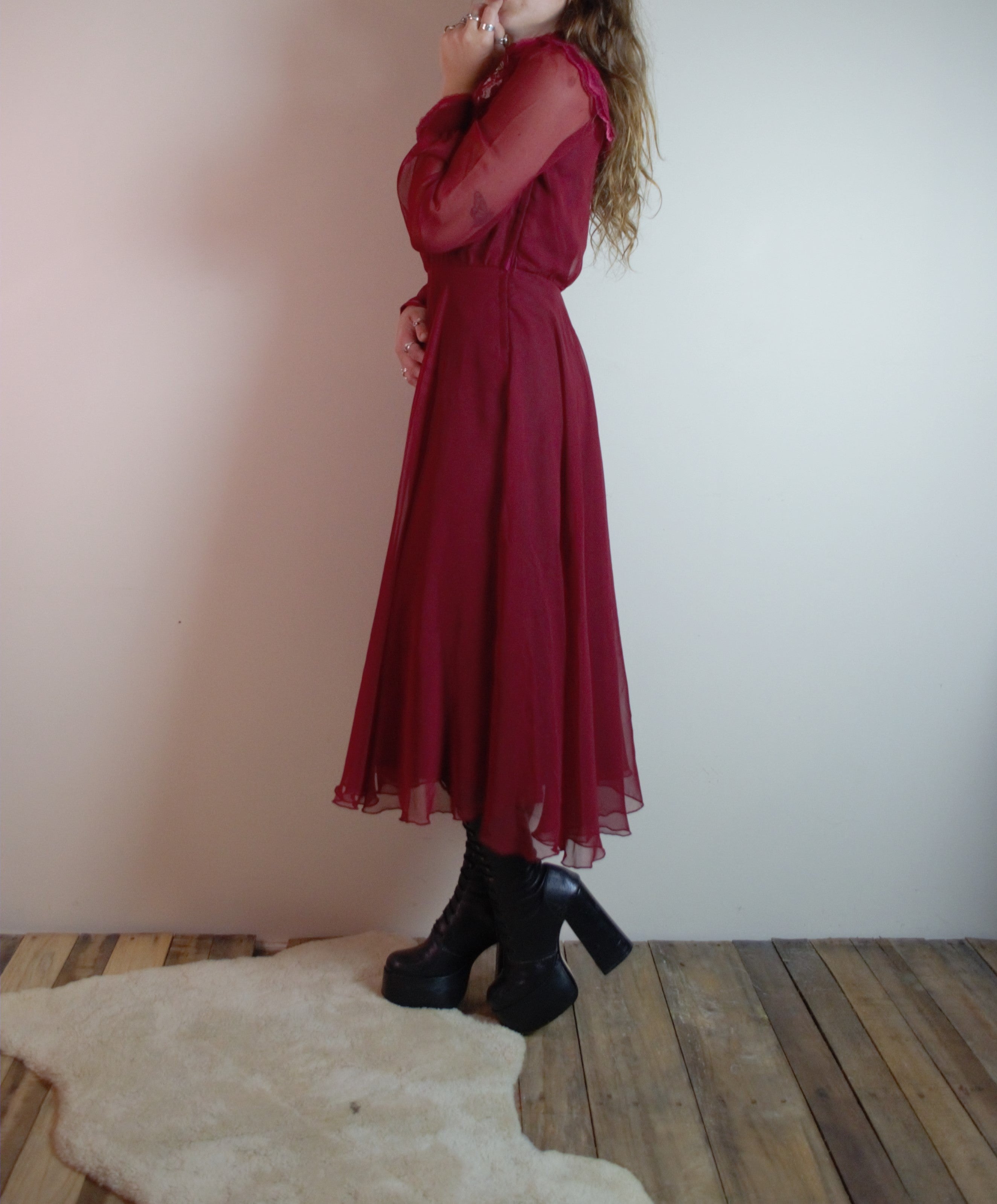 Vintage 70s Burgundy Lace Prairie Dress