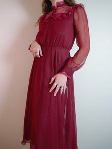 Vintage 70s Burgundy Lace Prairie Dress