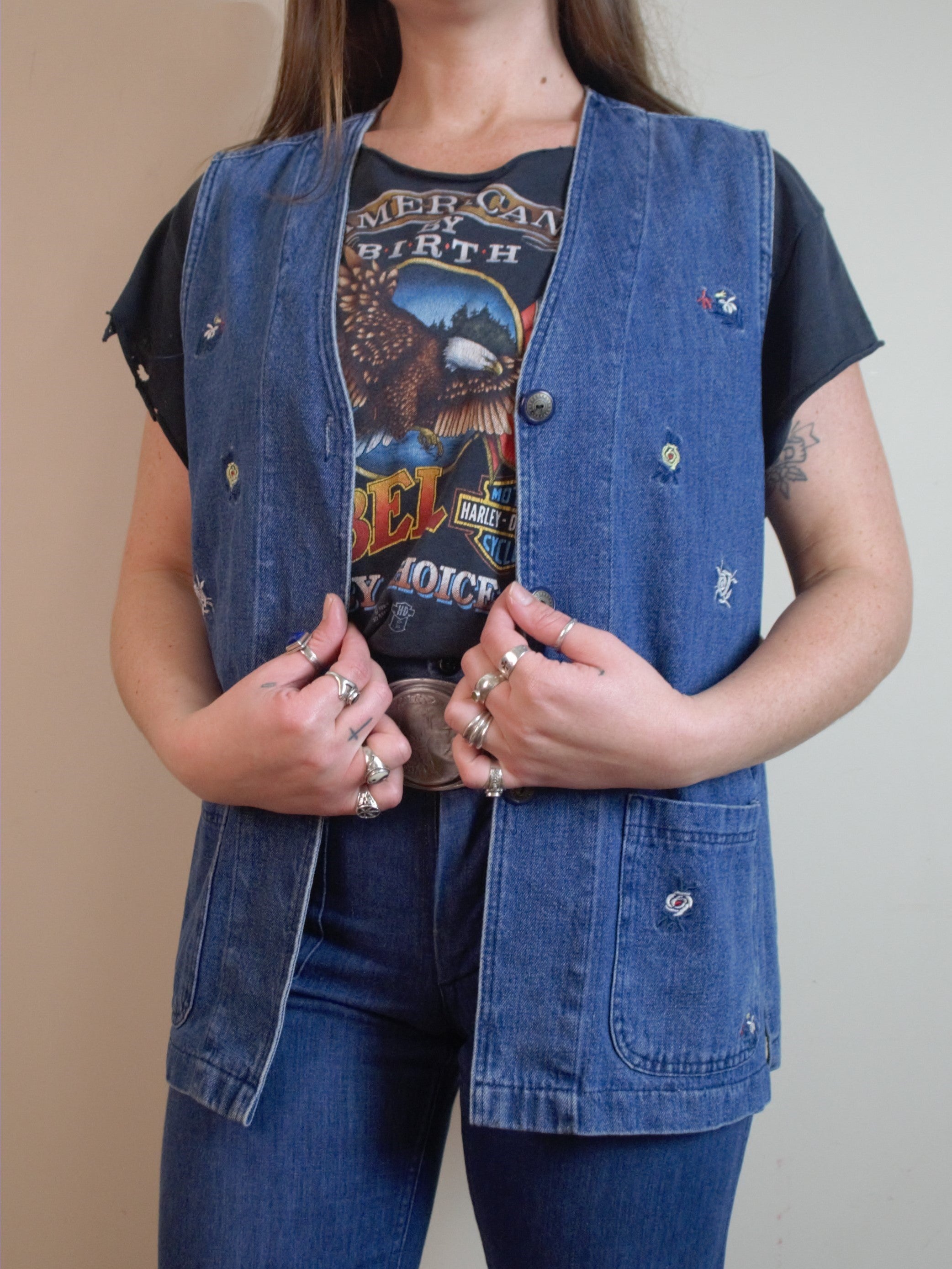 Vintage 90s Embroidered Denim Vest