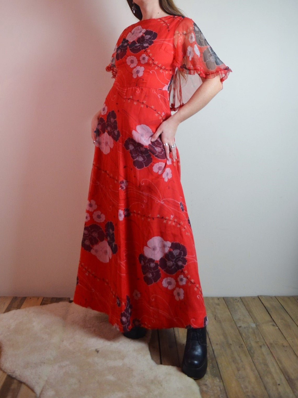 Vintage 70s Floral Cape Maxi Dress