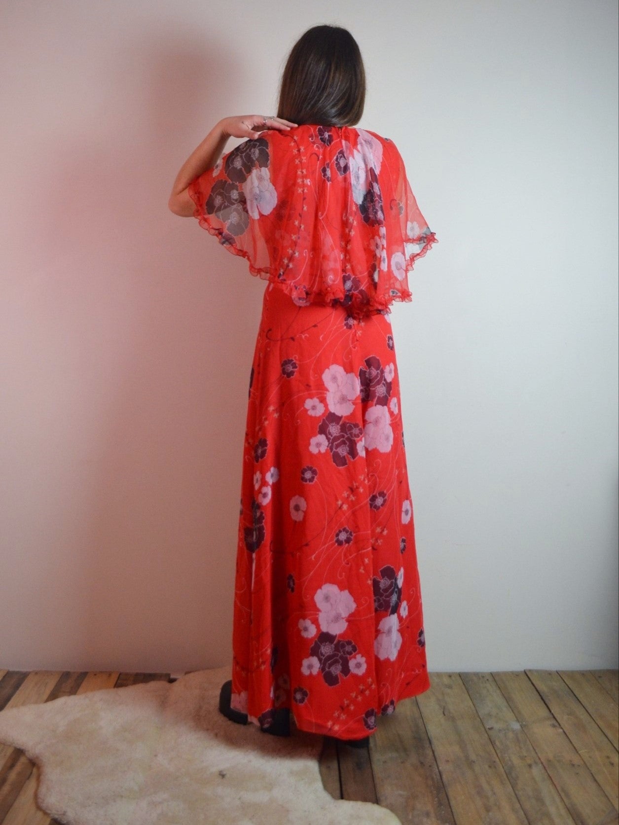 Vintage 70s Floral Cape Maxi Dress