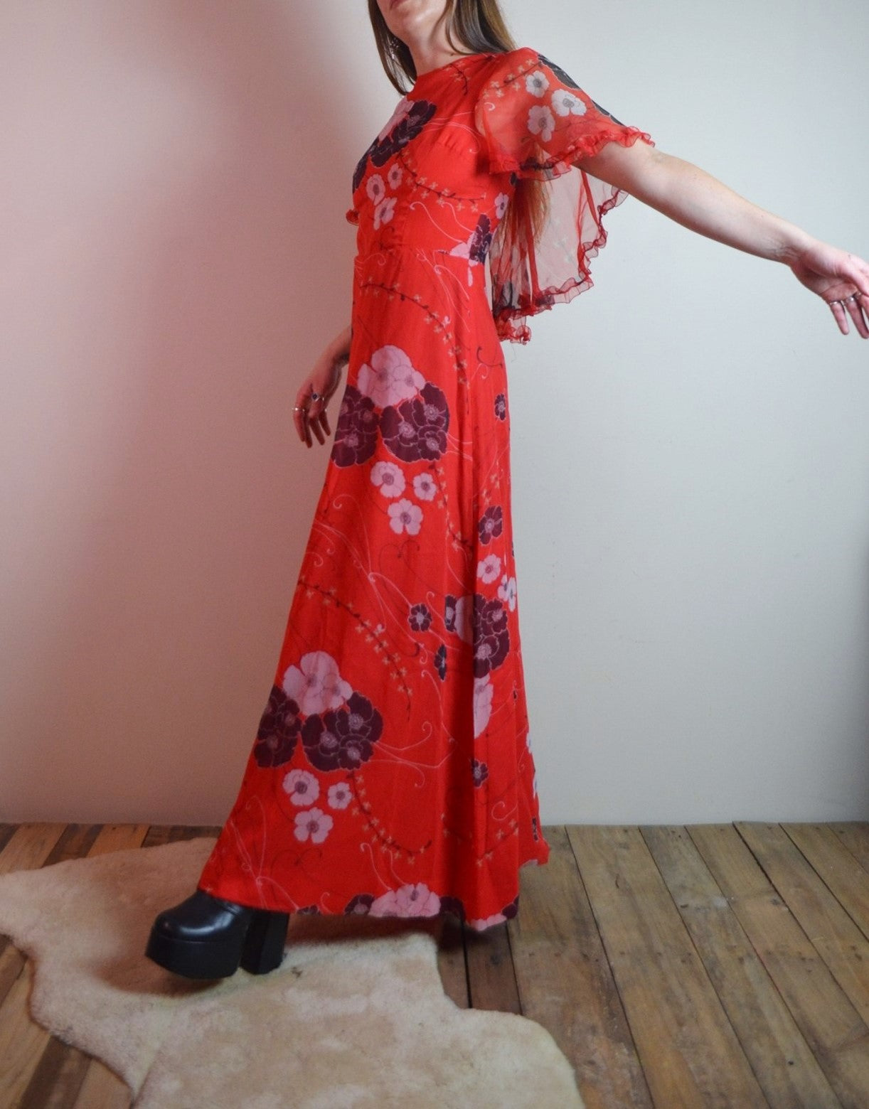 Vintage 70s Floral Cape Maxi Dress